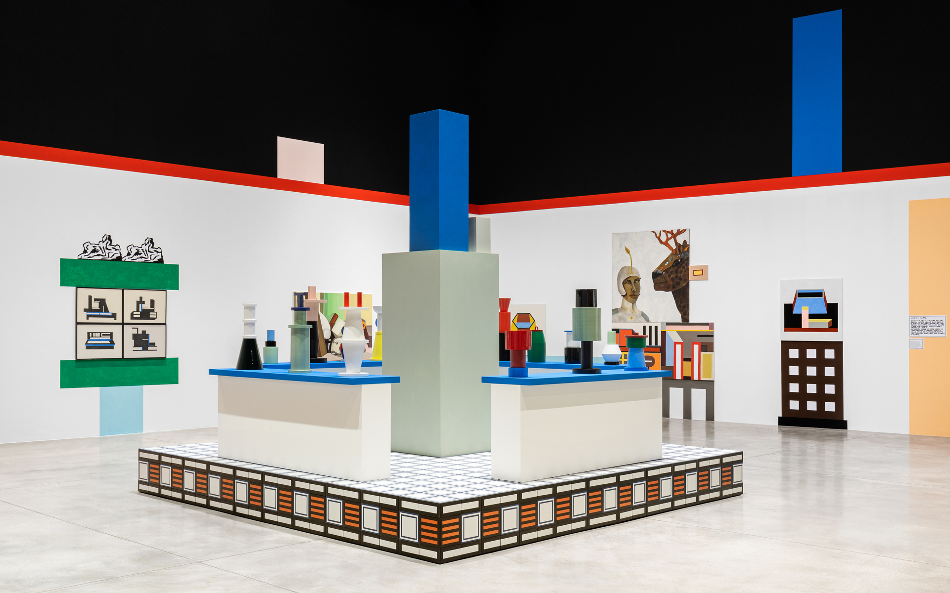 Nathalie Du Pasquier, Campo di Marte. Exhibition view. Mattonelle Margherita, olio su tela, ceramica, disegno a colori su carta, stampa digitale su carta, legno dipinto. SOLO/MULTI, Museo per l’Immaginazione Preventiva, MACRO 2021. Courtesy l’artista. 